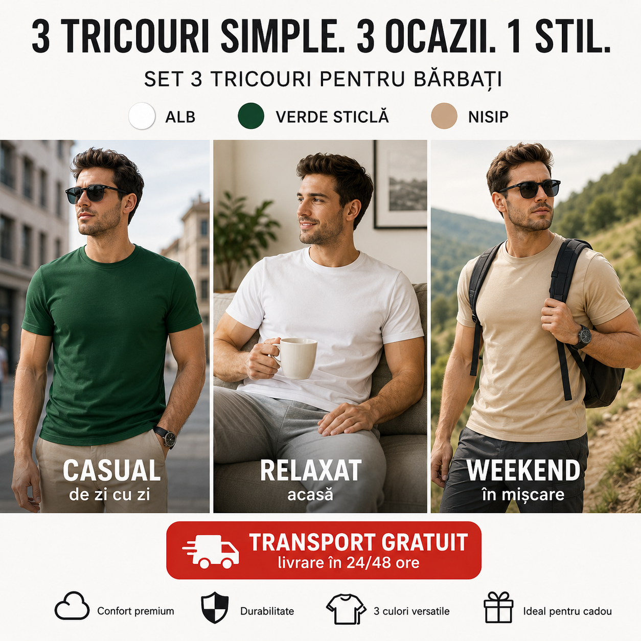 Tricouri bărbați nisip verde sticlă și alb din bumbac 100% pentru ținute casual